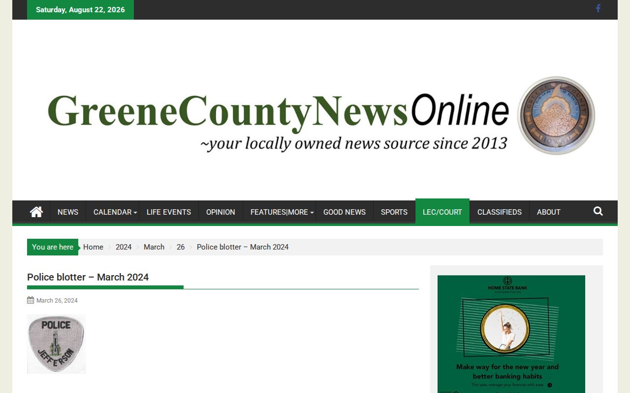 Greene County Jefferson police blotter arrest record example